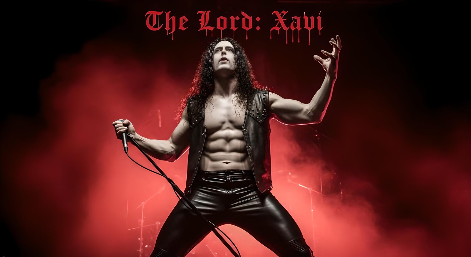 Xavi shirtless on stage in red smoke, black leather pants and vest, screaming with a microphone in hand