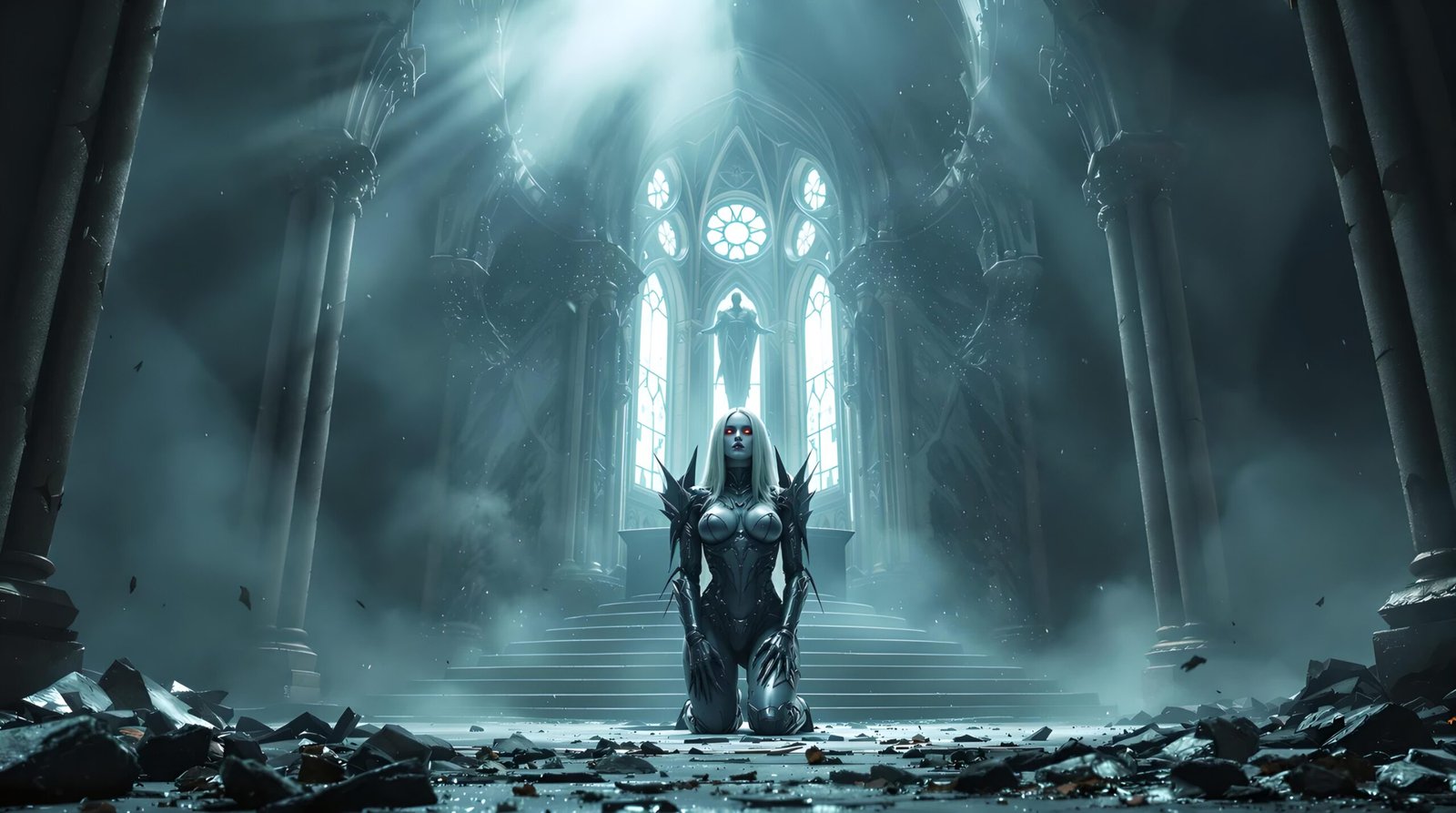 Oblivion kneeling in a foggy cathedral, biomechanical armor glowing beneath shattered stained glass and holy light.