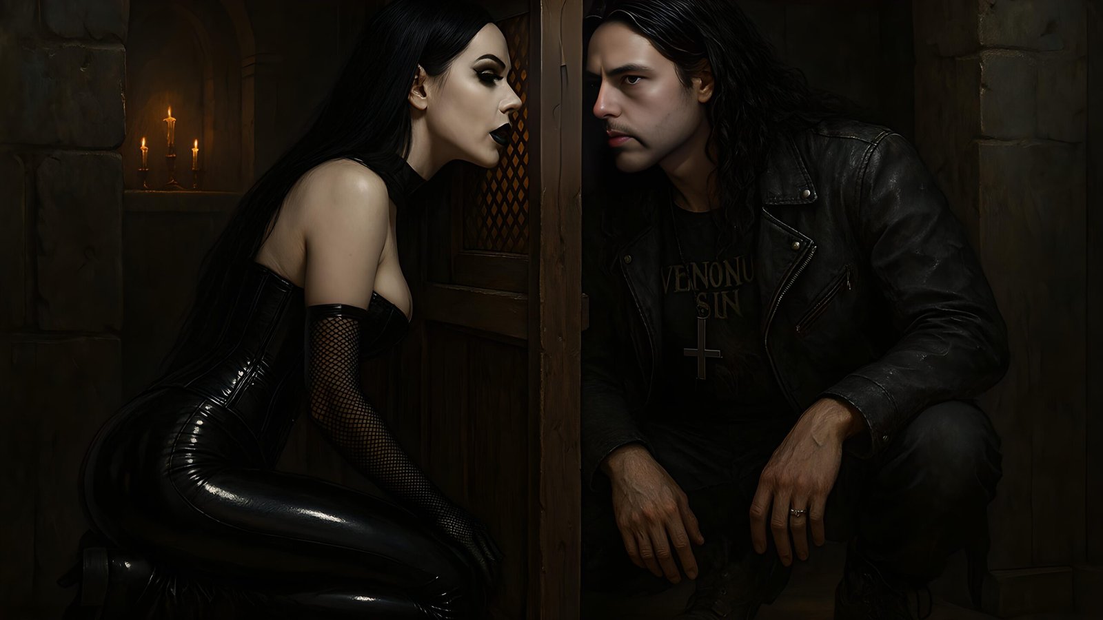 Lina in latex confronts Xavi behind the mesh of a confessional booth in gothic candlelight.