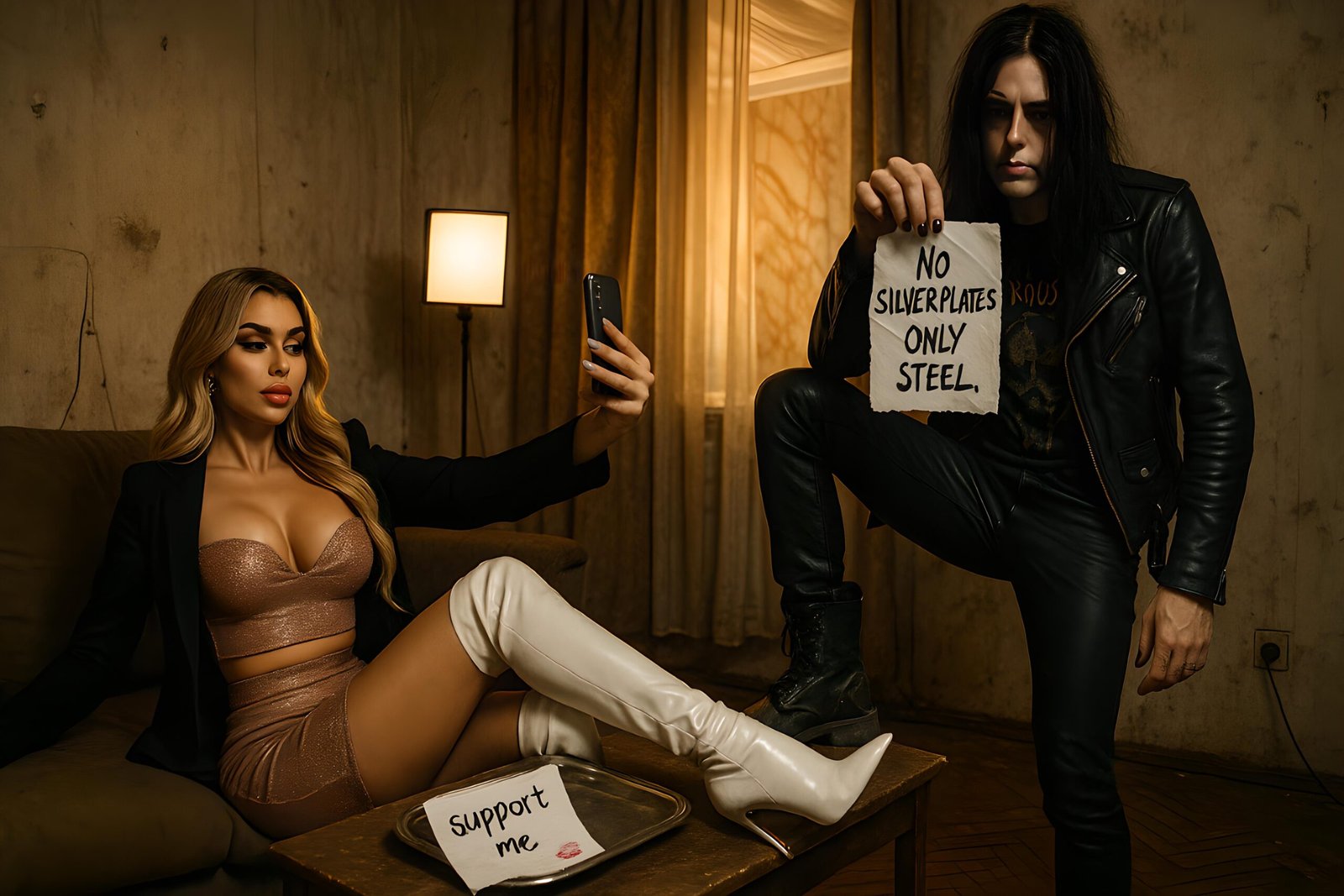 Woman in pink outfit and white boots takes selfie beside man holding anti-filter sign in raw, gritty room
