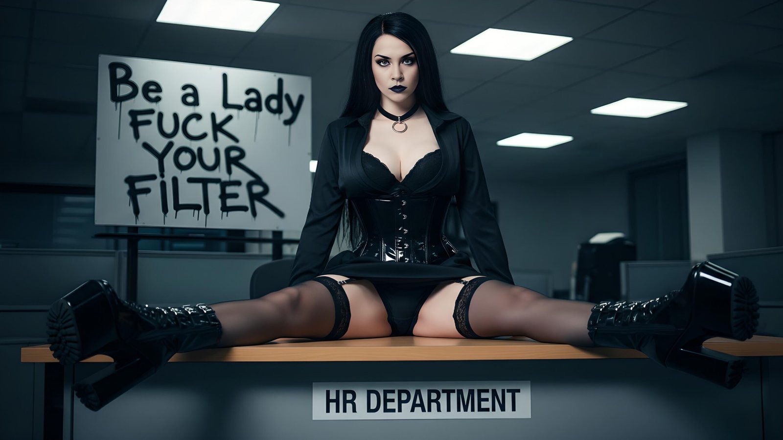 Lina Macabre spreads defiance on HR's desk, corset tight, sign screaming back at broken systems.