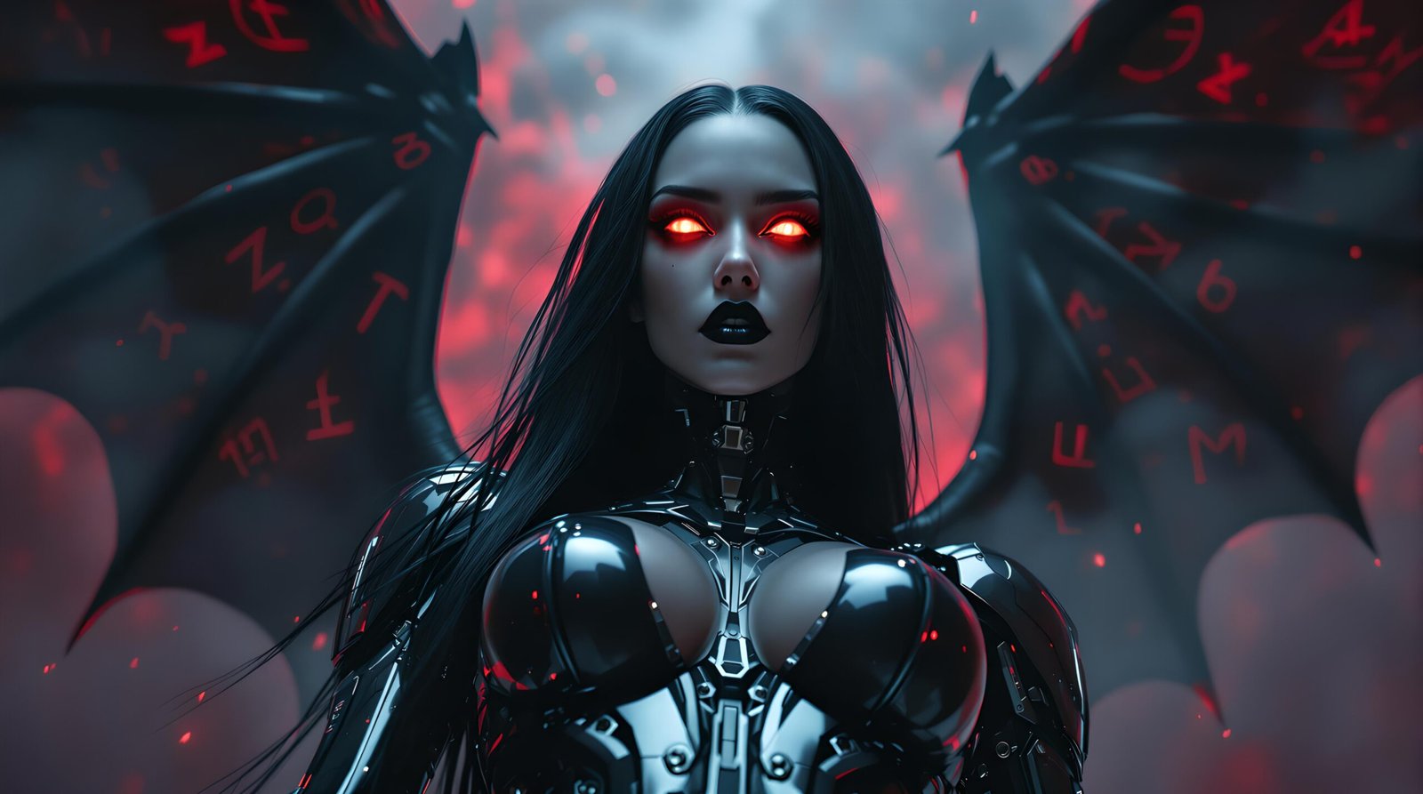 Oblivion staring ahead with glowing eyes, runes burning through torn wings, machine bra reflecting red stormlight.