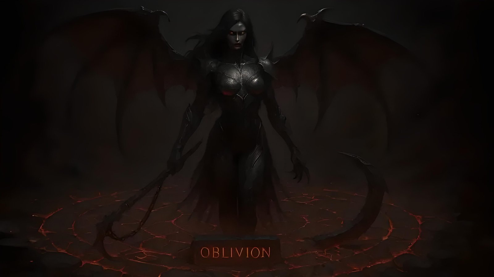 Oblivion standing in a molten ritual circle with torn wings and scythe, glowing red eyes and the name etched in stone.