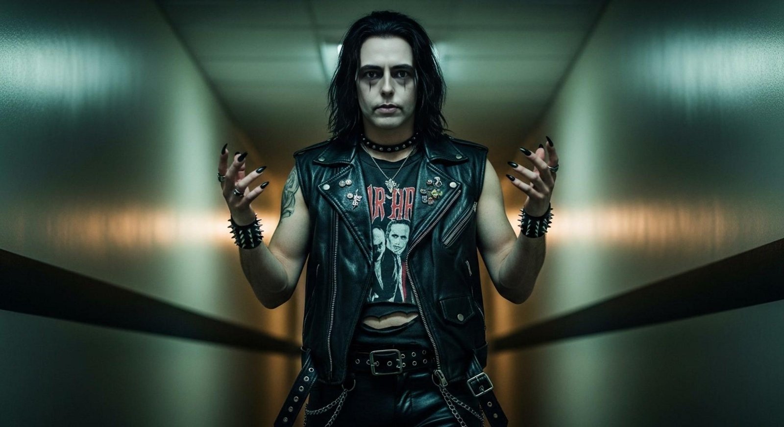 Gothic male rocker with long black hair and spiked leather vest standing in a moody hallway with hands raised in defiance.