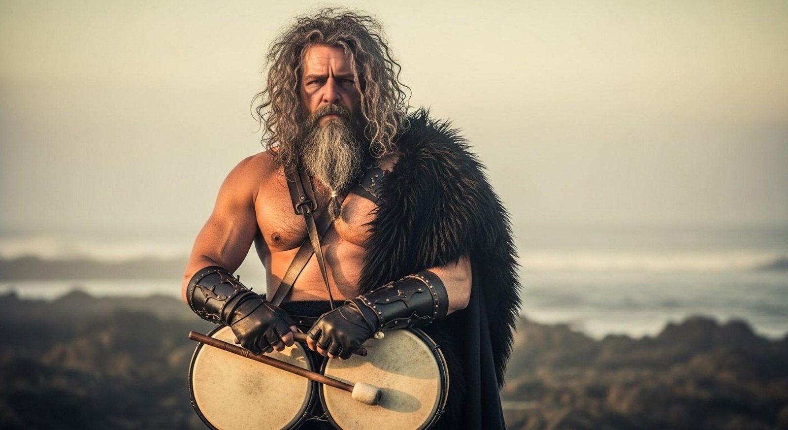 Muscular Viking-style drummer with gray beard and leather armor holding drums on a rocky beach at sunrise.