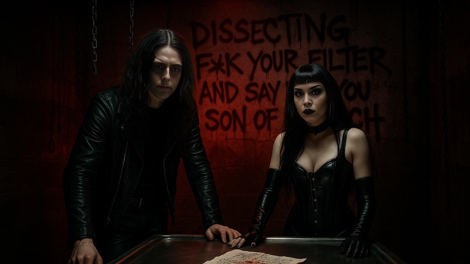  Xavi and Lina in black leather standing at a metal table under red light with torn lyrics and graffiti on the wall behind them.