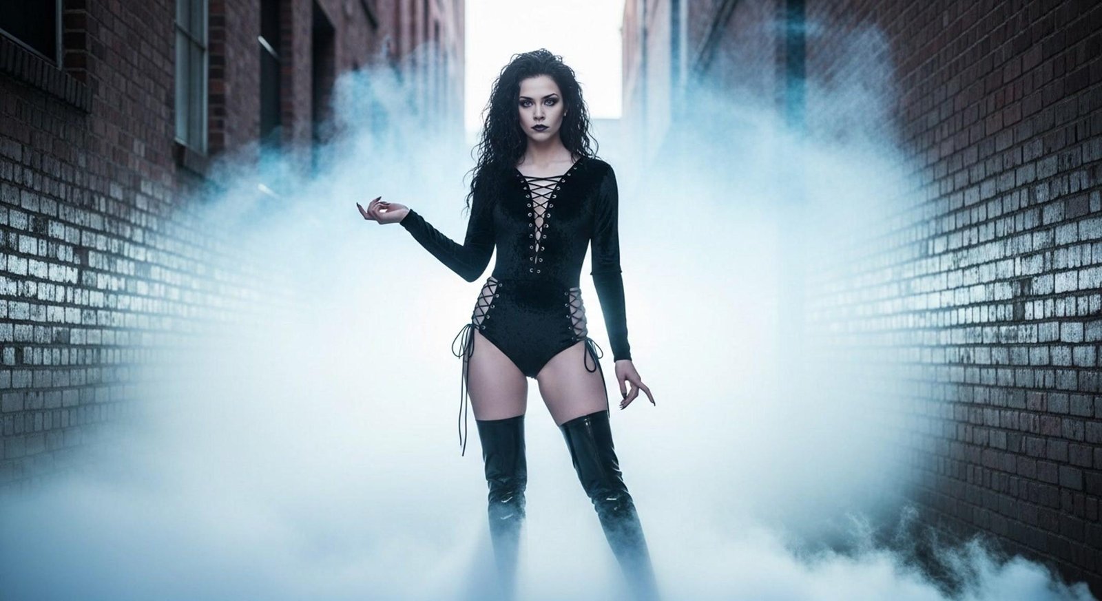 Gothic woman in laced bodysuit and thigh-high boots walking through foggy brick alley with fierce expression.