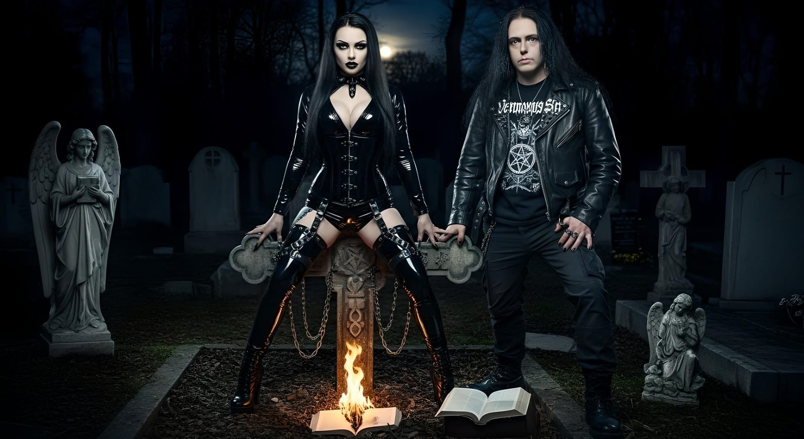 Lina Macabre and Xavi in a graveyard at night, fire between them, latex, leather, tombstones and moonlight.
