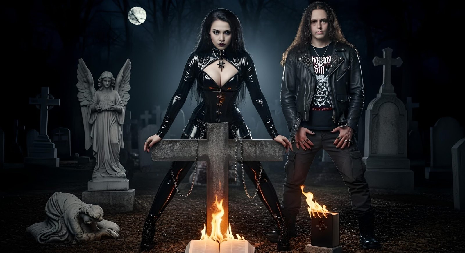 Lina and Xavi in latex and leather at graveyard altar with pentagram, burning book beneath
