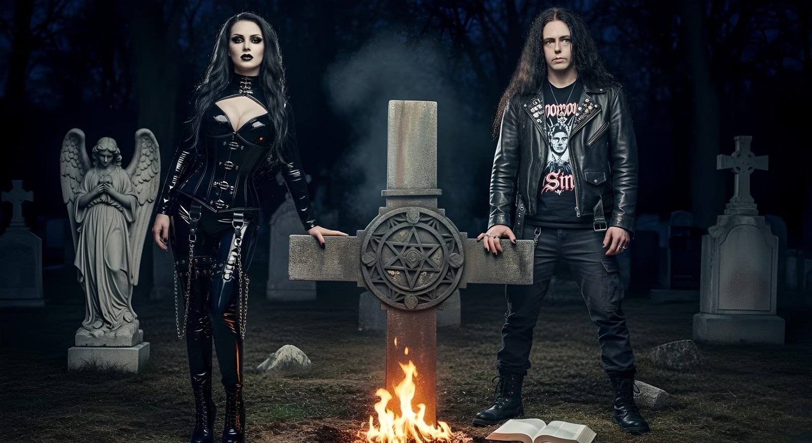 Goth couple burning holy books in graveyard under full moon, flames between them