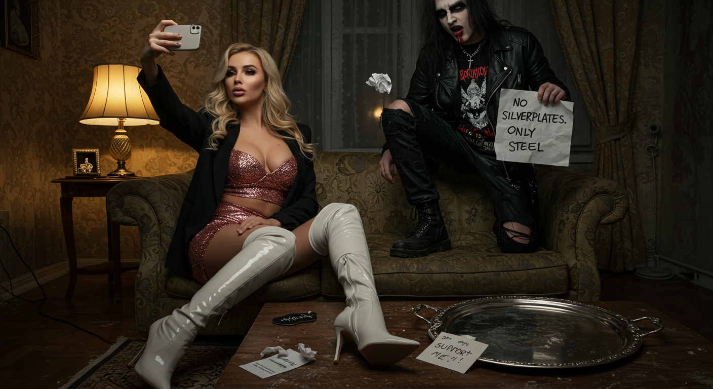 Blonde woman in glitter outfit takes selfie as black metal man holds “No silverplates, only steel” sign in vintage living room.