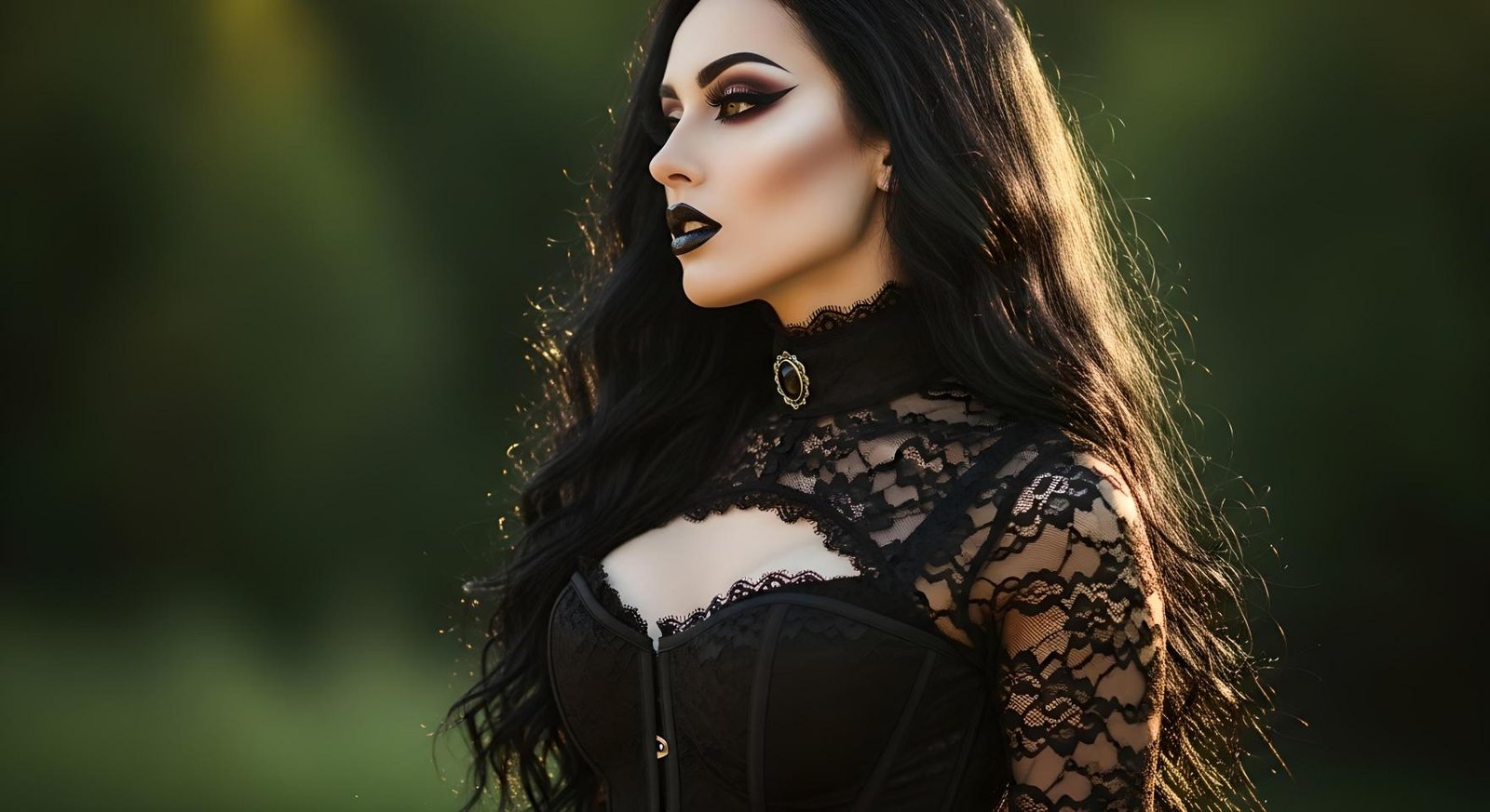 Gothic beauty in black lace corset with flawless makeup and long black hair, glowing in natural light.