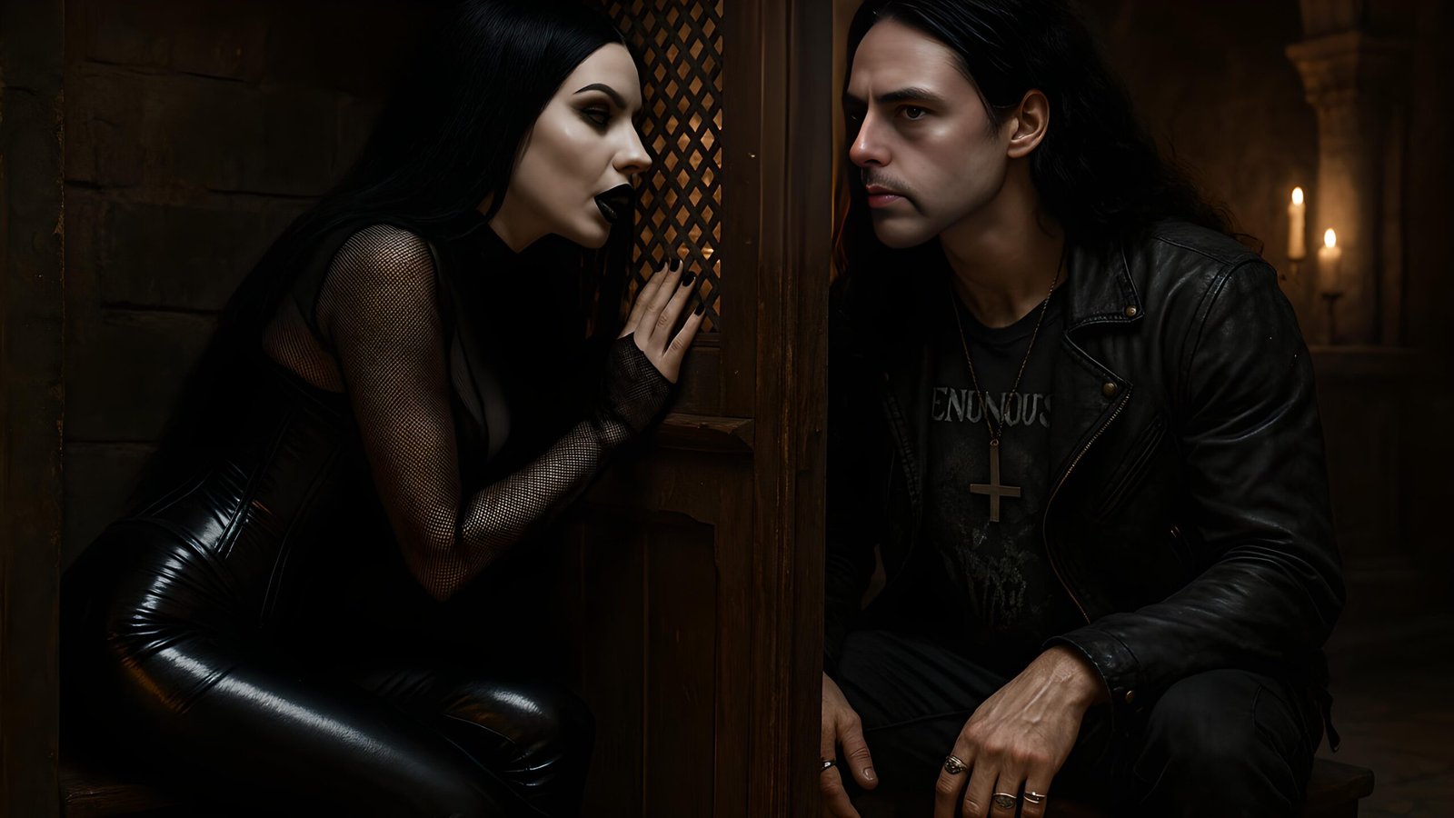 Lina leaning close, Xavi with his hand raised, both locked in a dark confrontation inside a confessional.