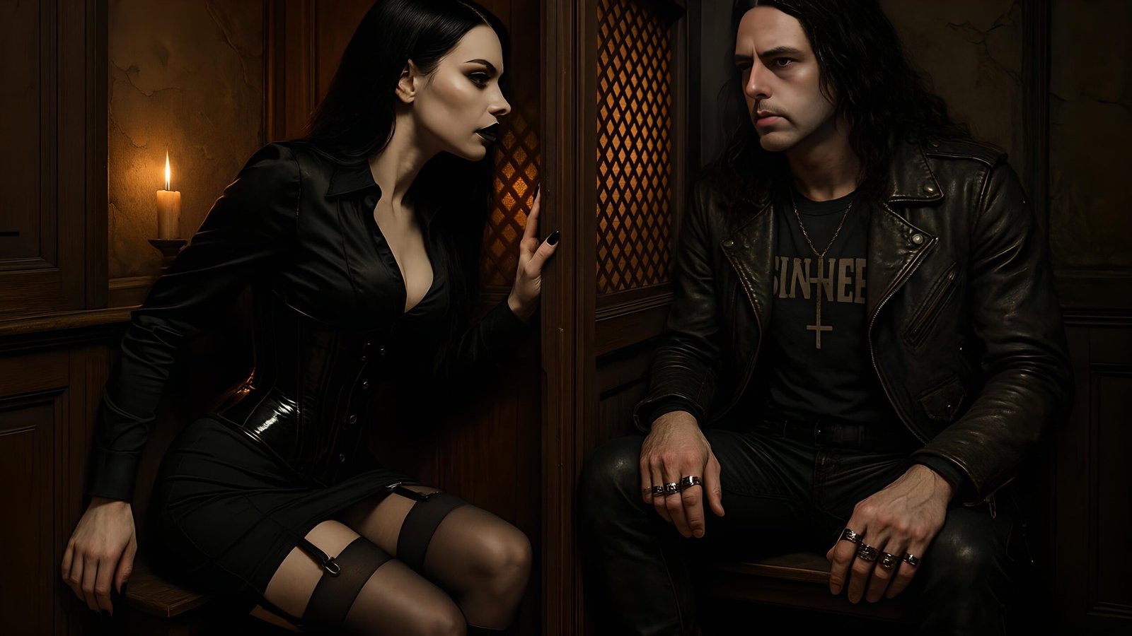 Lina dressed in black corset interrogates Xavi inside a dimly lit confessional booth.