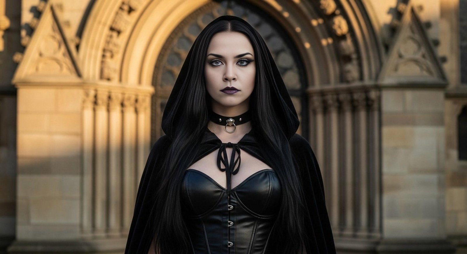 Lina dressed in black leather corset and hooded cloak standing solemnly in front of gothic cathedral entrance at golden hour.