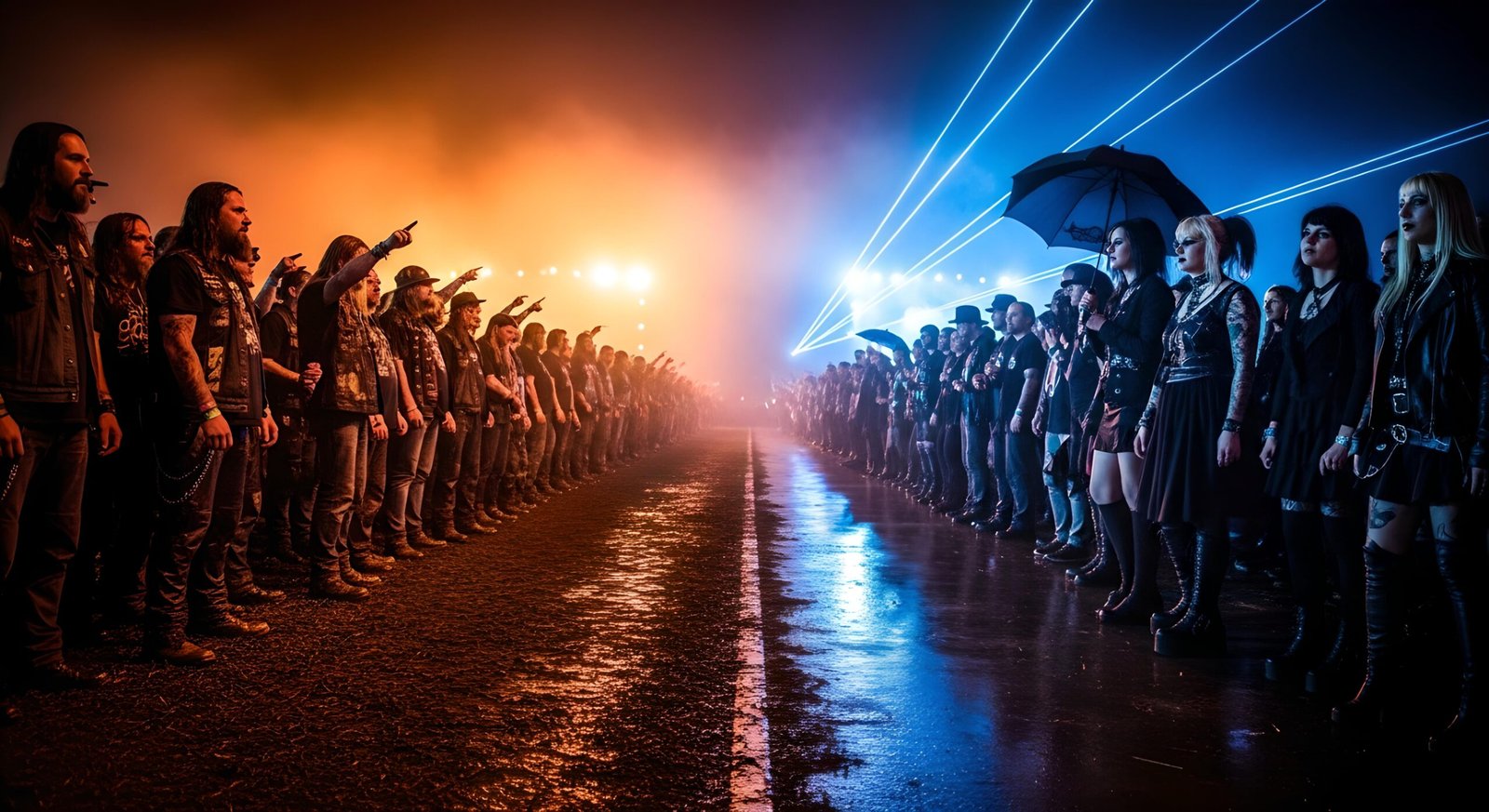 Crowds of goths and metalheads facing each other under orange and blue festival lights