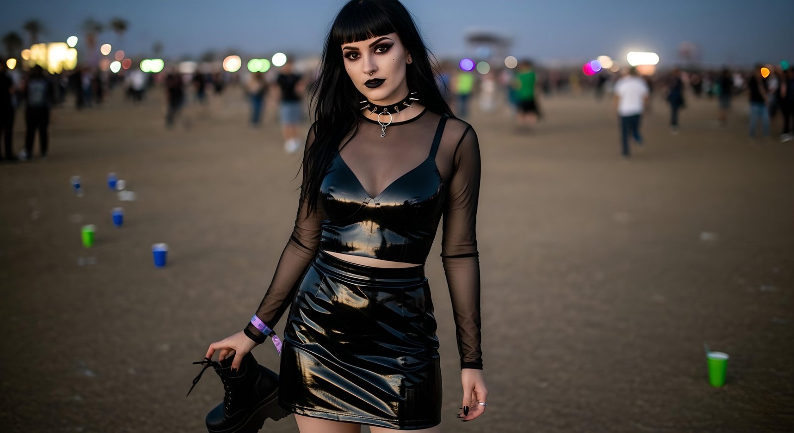 Gothic woman in black latex outfit with dark makeup holding boots