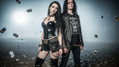 Goth couple in black leather and latex outfits with floating cans in the air