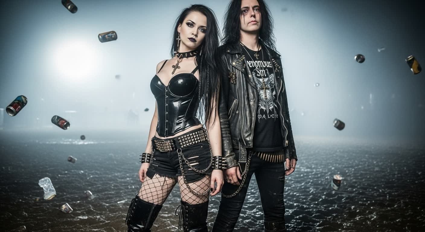 Goth couple in black leather and latex outfits with floating cans in the air