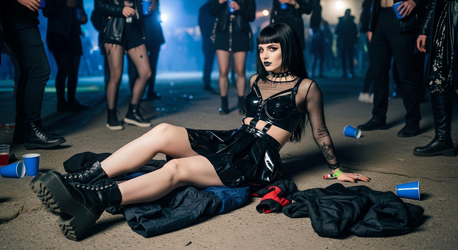 Goth woman in black latex skirt and boots sitting on the ground among festival crowd