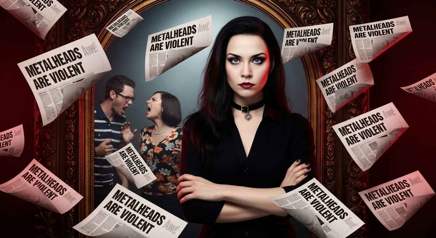 Lina Macabre standing confidently while violent news headlines distort behind her.