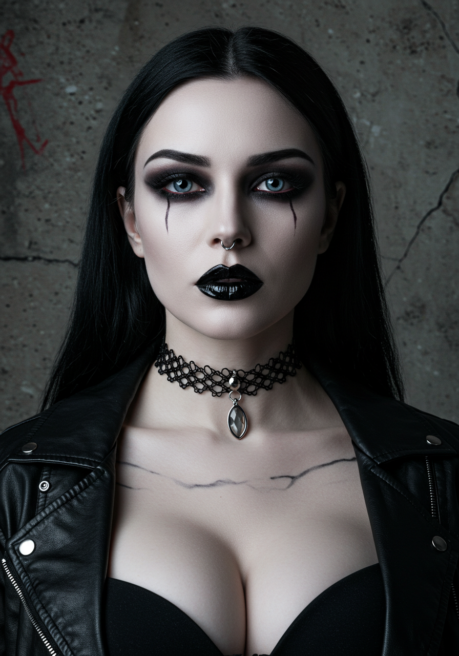 Close-up of a pale gothic woman with smoky eyes, glossy black lips, choker and leather jacket, intense gaze.