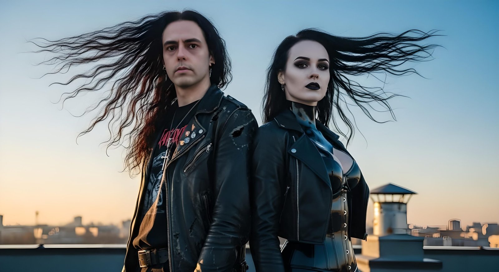 Blackmetalhead man and pale gothic woman back-to-back on a rooftop at blue hour, hair whipping in the wind.