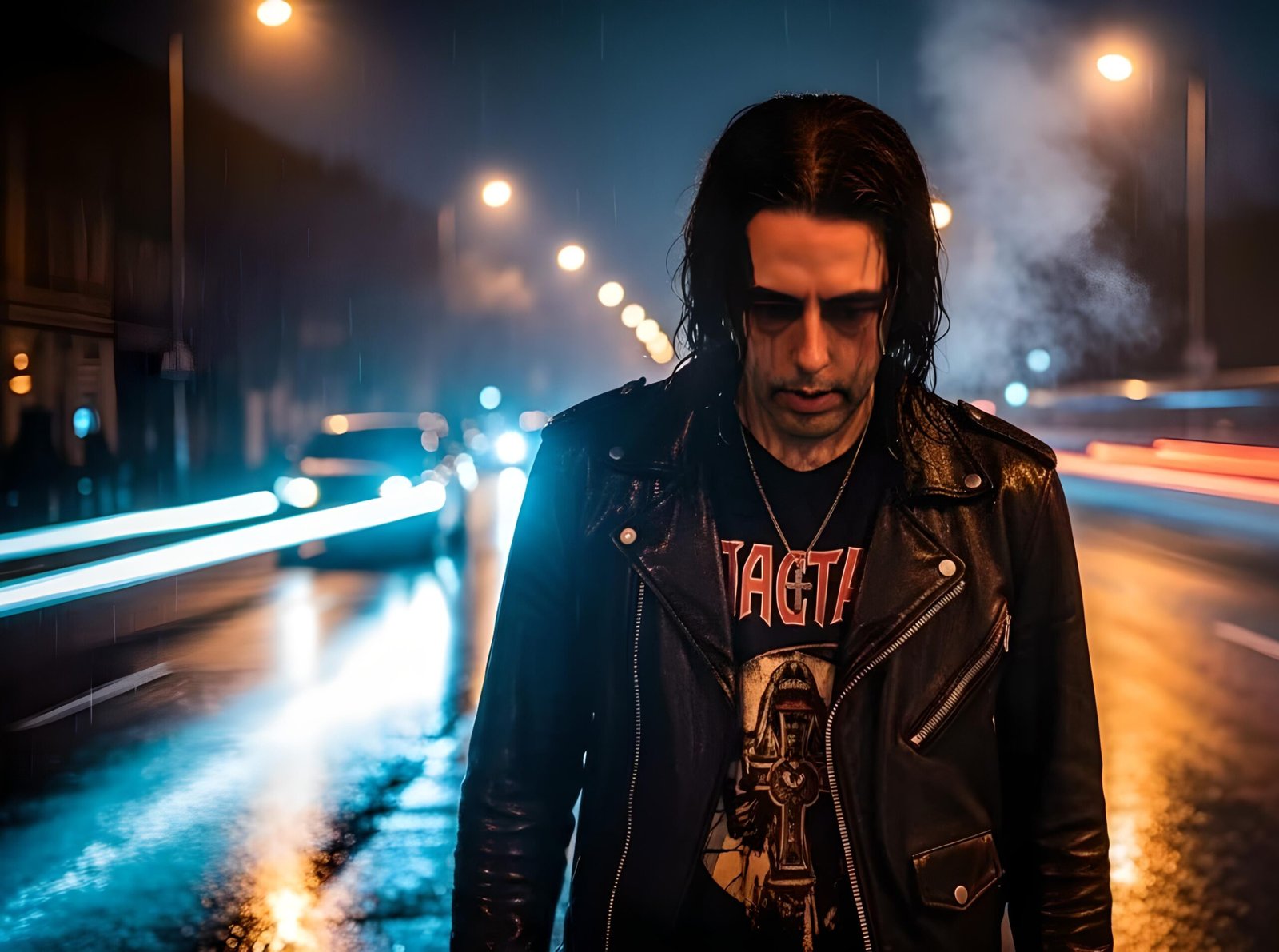 Blackmetalhead man in wet leather on a rain-lit city street at night, long-exposure light trails behind. 