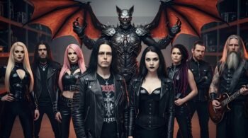 Goth metal band in a warehouse with a winged mascot towering behind—power group frame for Scars of a Venomous Sin.