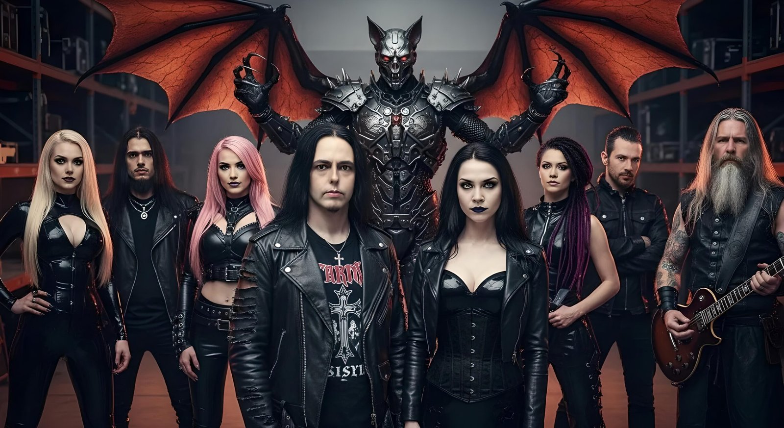 Goth metal band in a warehouse with a winged mascot towering behind—power group frame for Scars of a Venomous Sin.