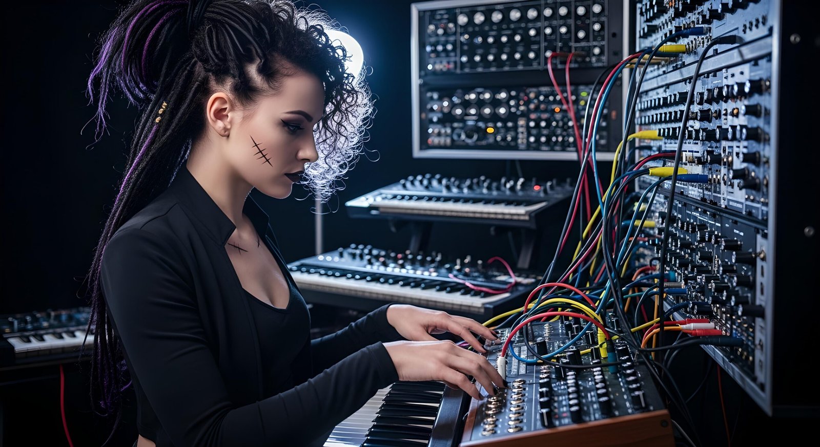 Cybergoth keyboardist with purple dreadlocks at a modular synth wall, focused hands and cable-lined setup.