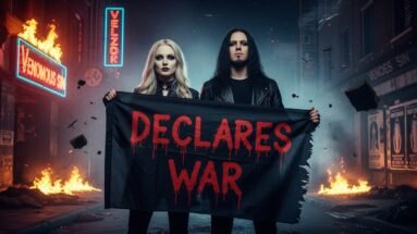 A man and woman in black leather holding a torn banner reading “DECLARES WAR” in front of a burning street with Venomous Sin neon signs.