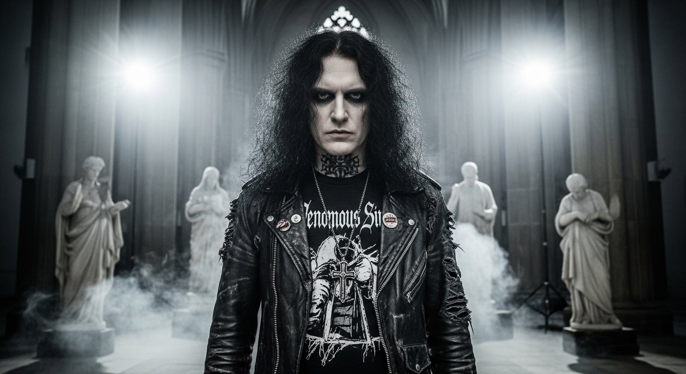 Blackmetal rocker in ruined cathedral, harsh light and smoke creating a rebellious atmosphere.
