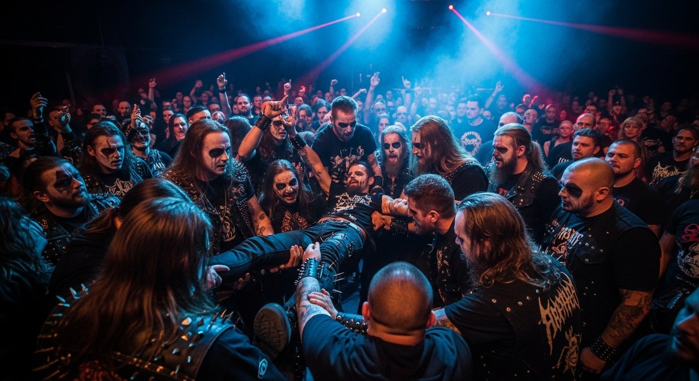 Metal concert pit showing unity, people helping each other under strobe lights and fog.
