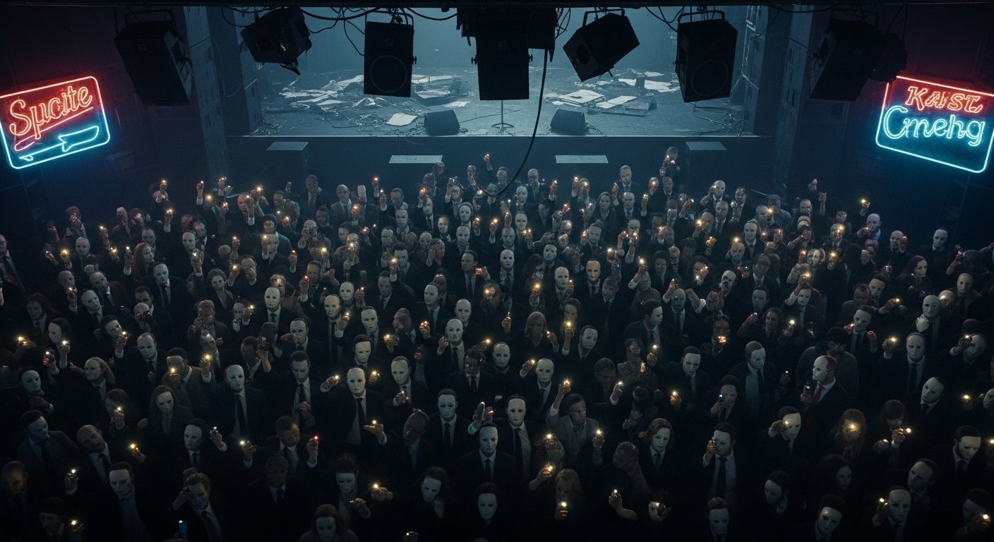 Faceless crowd of masked suits at a dead concert, symbolizing fake rebellion in metal.