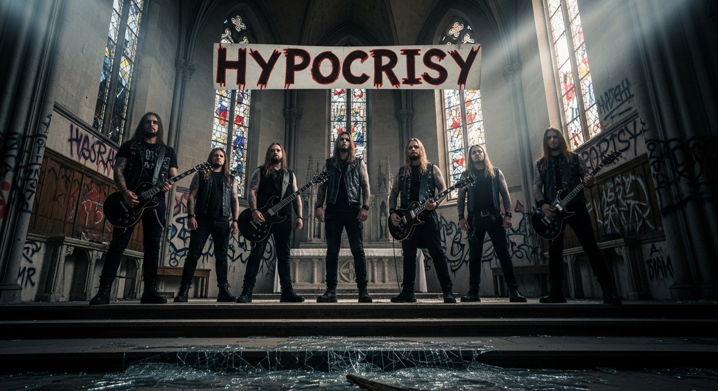 Seven guitarists standing in a decayed church with shattered glass and the word “HYPOCRISY” on a banner above them, as a visual attack on religious hypocrisy.