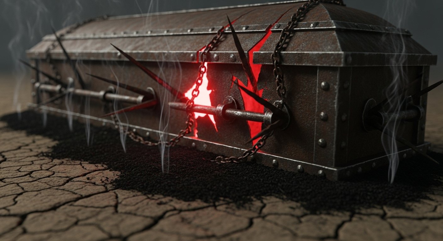 Rusted coffin glowing with red light and spikes breaking through, symbolizing death of mainstream metal.