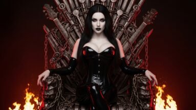 Gothic woman on throne of broken guitars and chains, fire glowing around her.