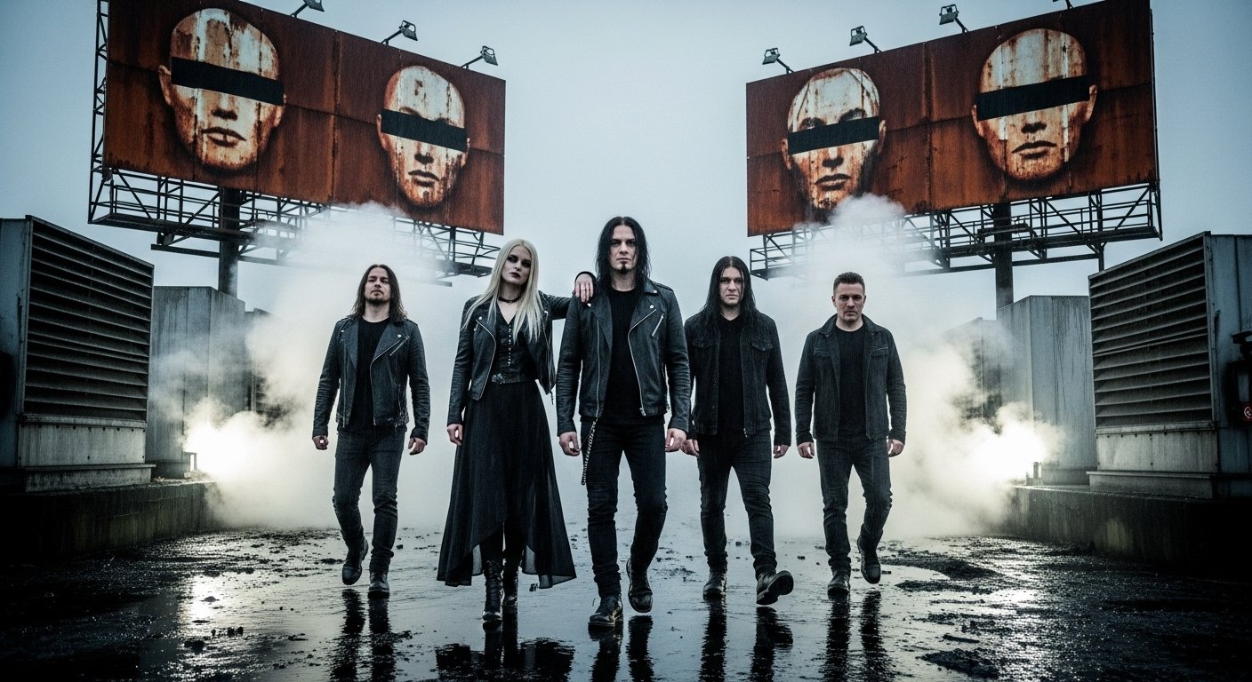 Five people in black leather walking forward through smoke on an industrial rooftop, with rusty billboard faces in the background, symbolizing dystopian resilience.