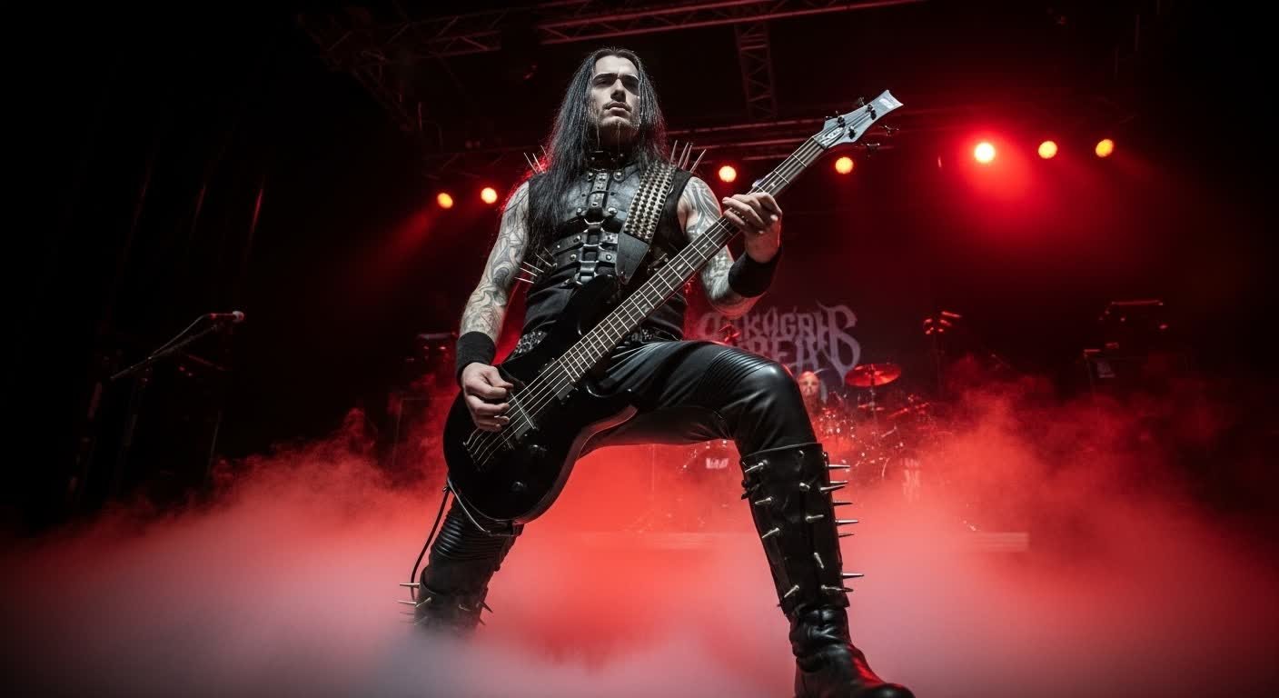 Lucien Voidreign playing bass onstage with intense control, surrounded by red lights and fog.