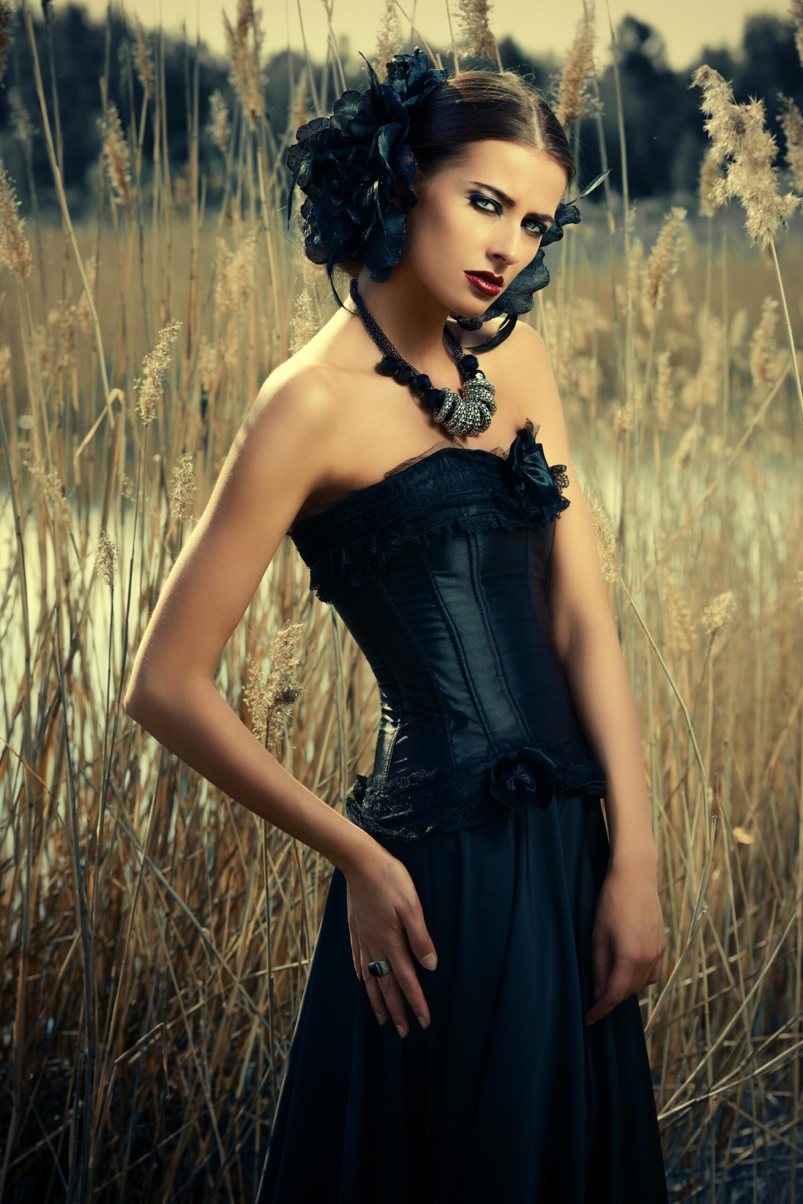 Elegant gothic woman in a black satin corset dress standing in tall dry grass with dark floral hairpiece.