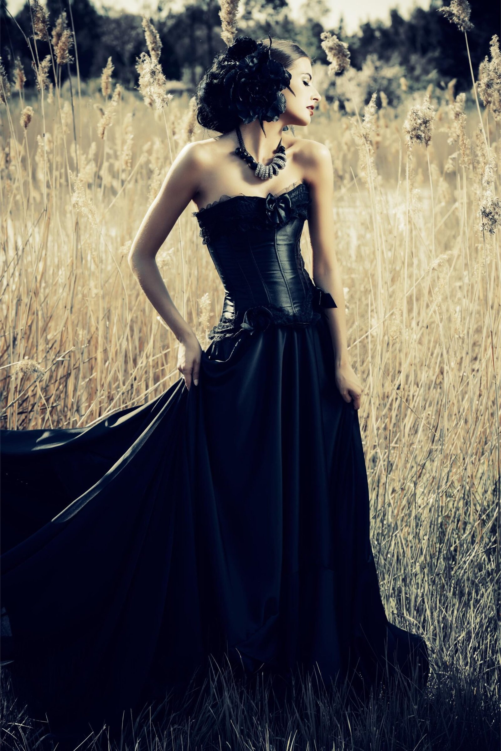Gothic woman in black corset gown holding flowing skirt while standing in tall golden grass.