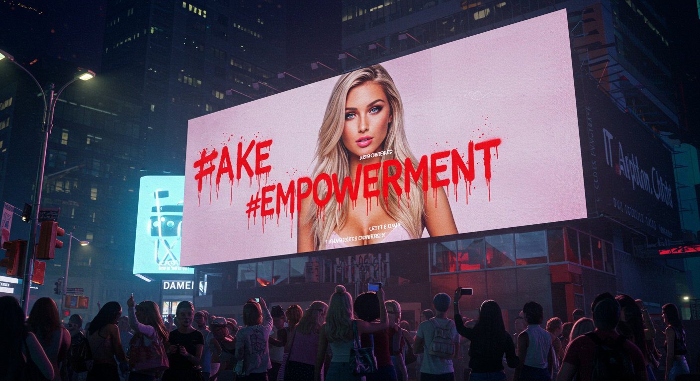 Crowd takes selfies beneath giant billboard with influencer photo defaced by fake empowerment text. 