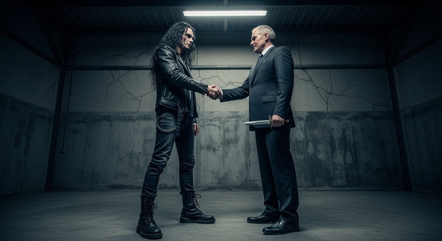 Two men shake hands in a bleak room, one concealing a dagger behind the greeting.