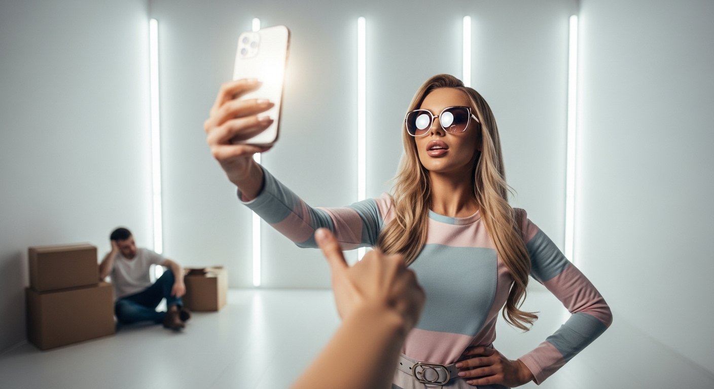 Glamorous influencer takes selfie under bright lights as tired worker sits ignored in background.