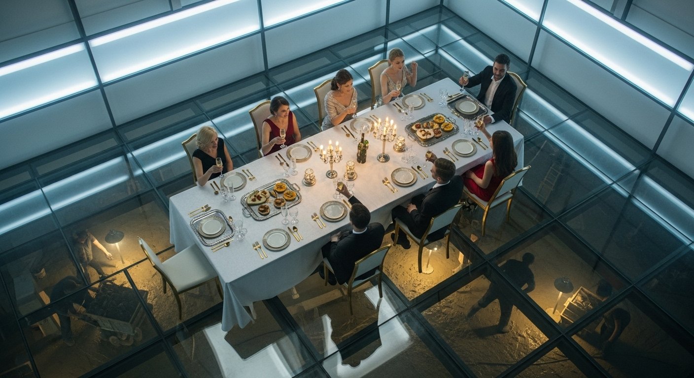 Wealthy guests toast at a luxury dinner table above workers seen through glass floor.