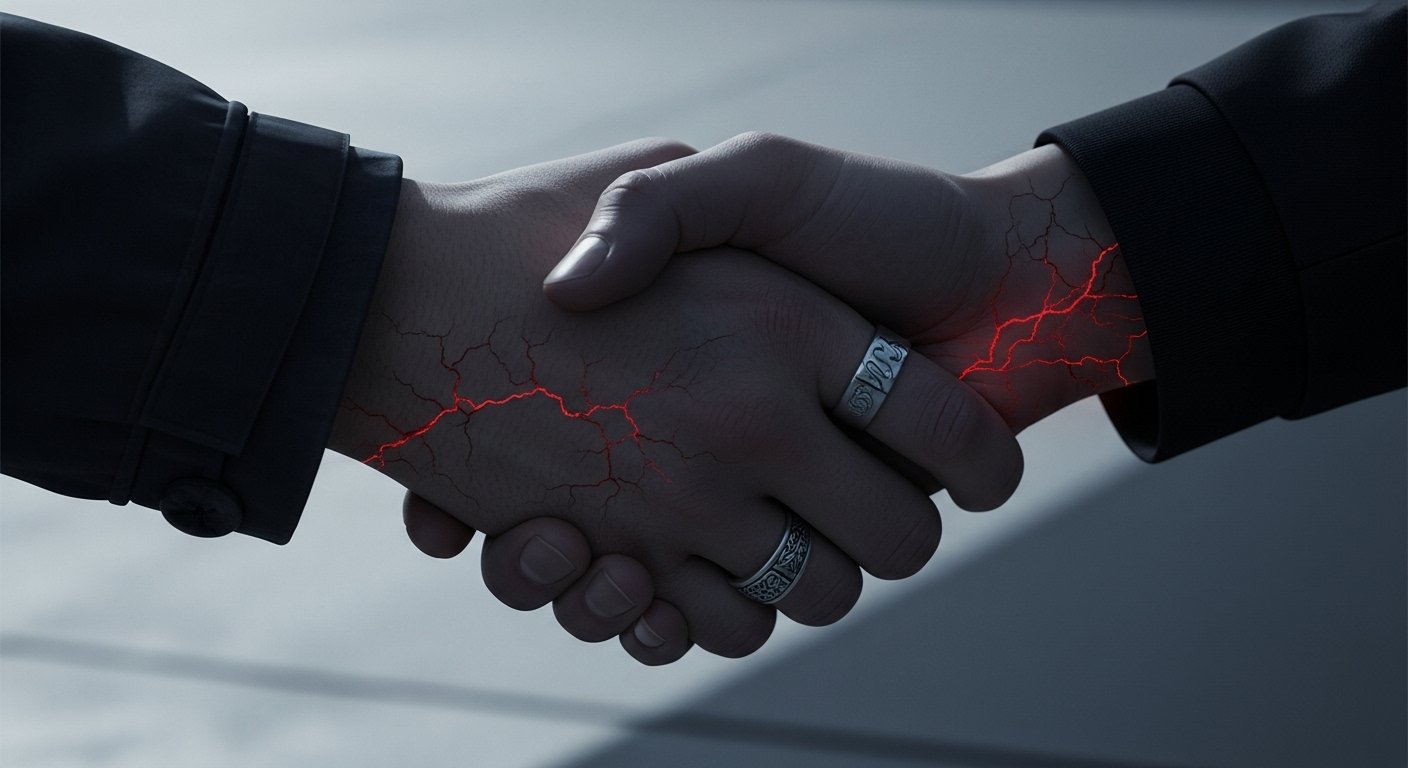 Glowing cracks spread across two hands locked in a handshake, symbolizing betrayal.