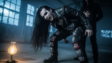 Goth man in black leather bends forward, screaming in rage in an abandoned hall.
