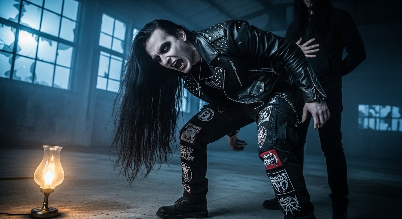 Goth man in black leather bends forward, screaming in rage in an abandoned hall.