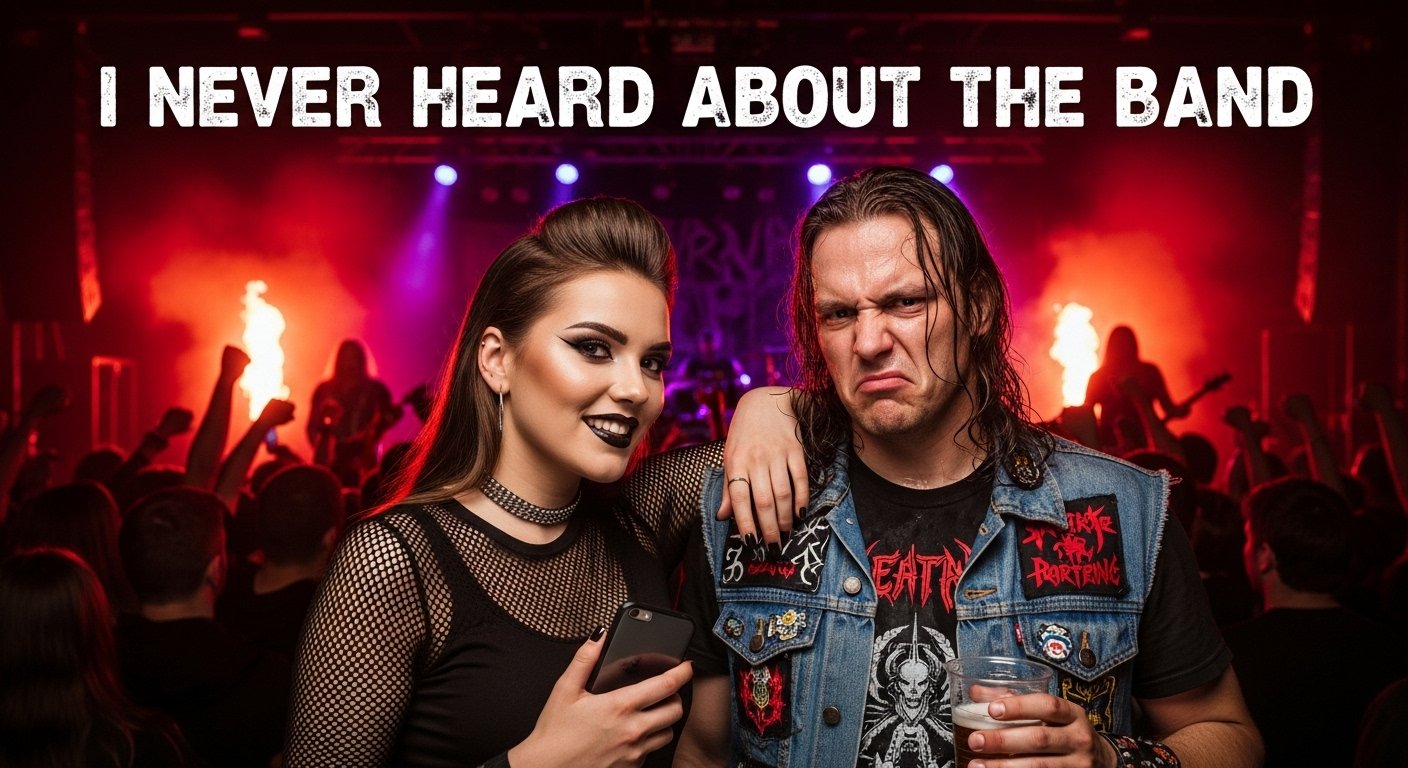 Influencer smiles with phone while annoyed metalhead frowns at a concert, captioned “I never heard about the band.”